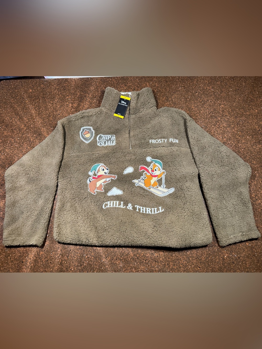 Disney Chip & Dale Sherpa Fleece Pullover Brown Cozy Half Zip